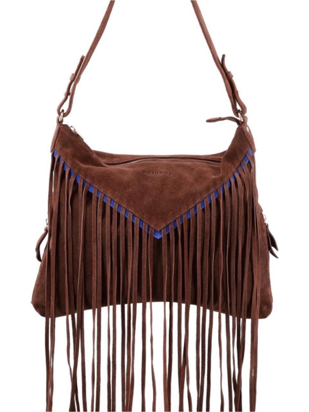 Chocolate Fringed Suede Hobo Bag with Cobalt Blue Trim